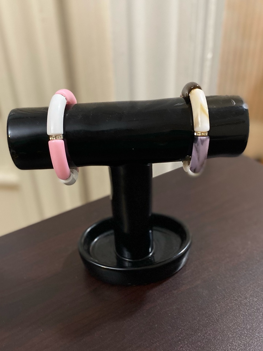Handmade vintage style Pink and White Bracelet Bangle with Gold Accents